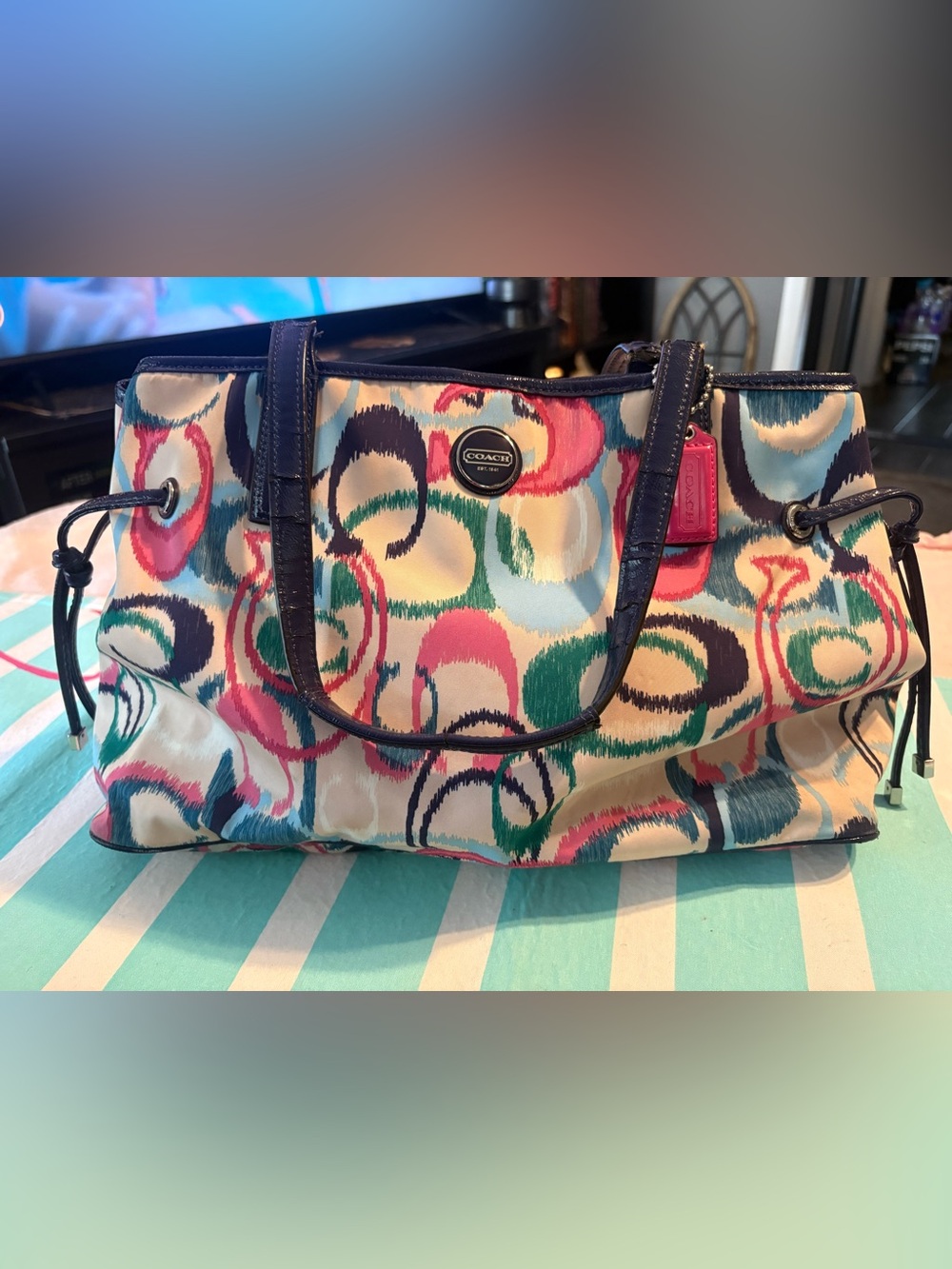 Coach Multicolor Ikat Carryall Tote with Navy Trim and Pink Tag